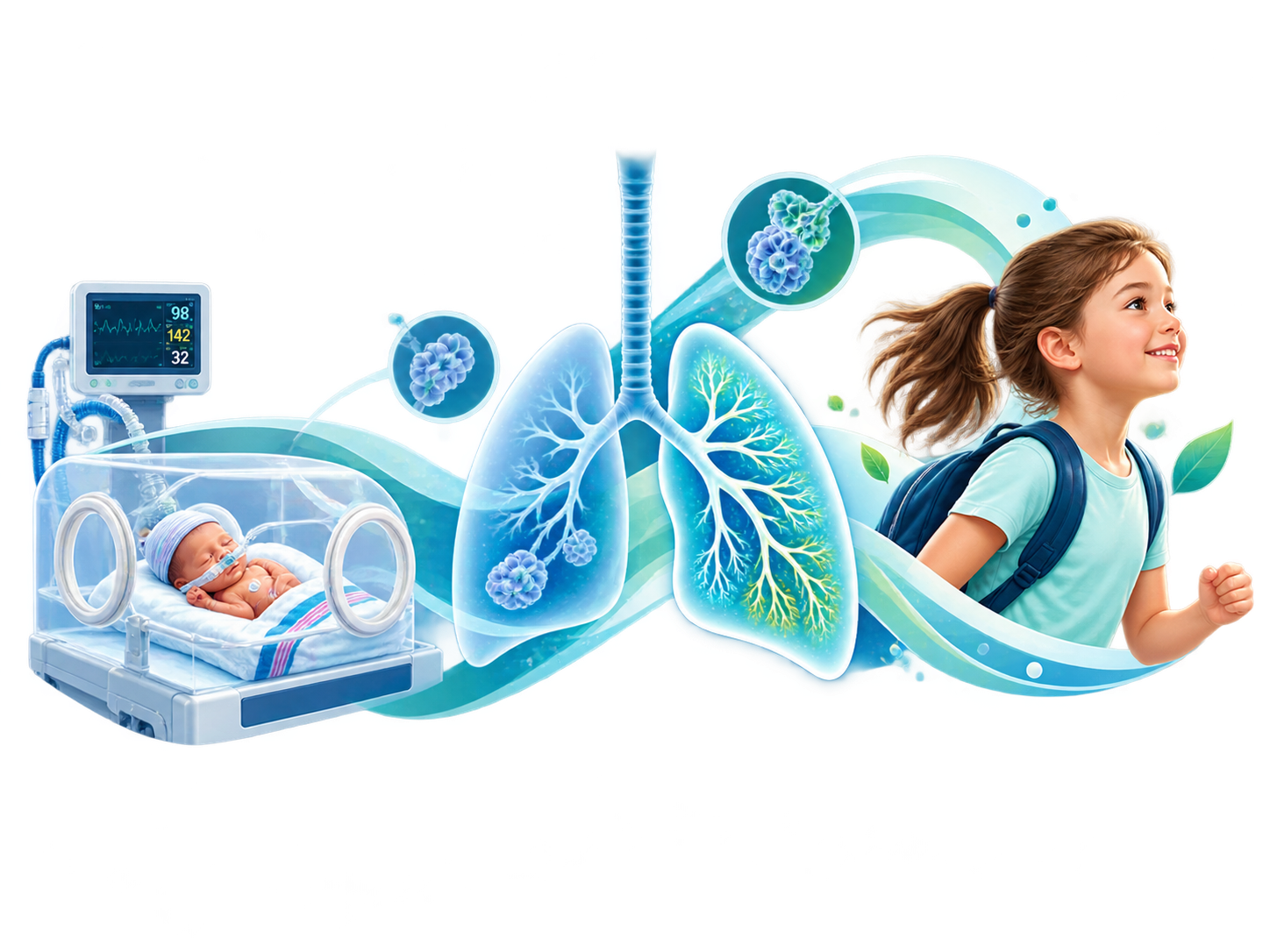 Illustration showing progression from premature birth to lung development and later childhood outcomes.