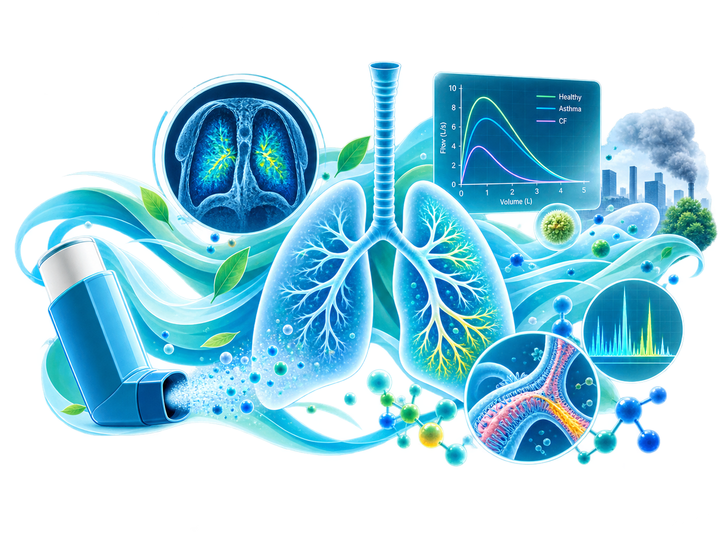 Illustration representing RHiNO research including lung imaging, inhaled treatment, physiology, environmental exposure and molecular science.