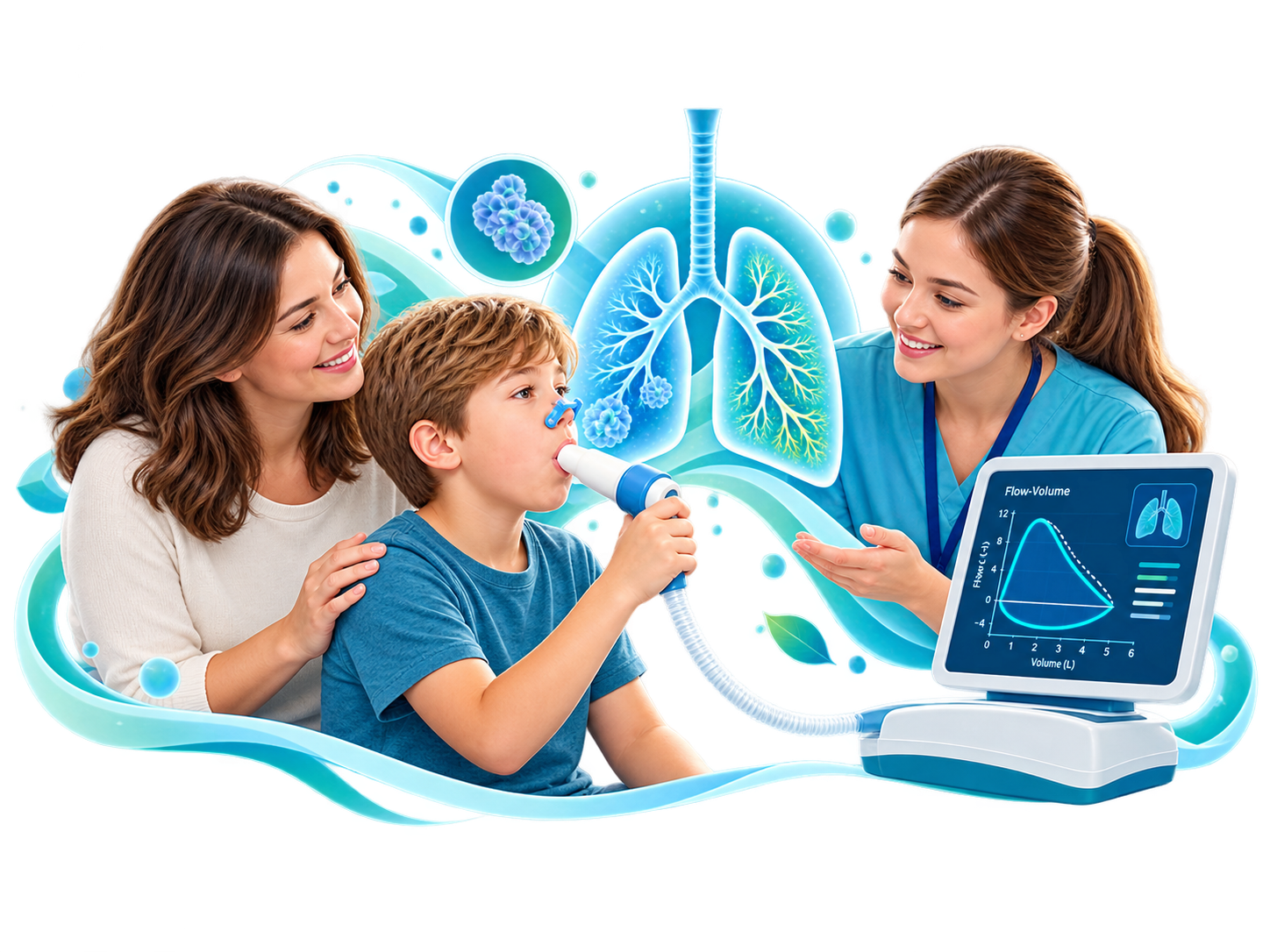 Illustration of a child carrying out spirometry with support from a parent and clinician.